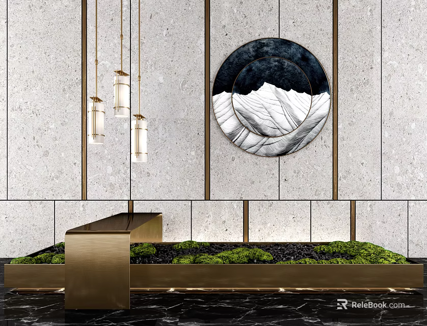 Elegant Decorative Ornament Set with Circular Mountain Painting Hanging Lights and Golden Base Green Plants 3d model 
