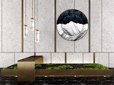 Elegant Decorative Ornament Set with Circular Mountain Painting Hanging Lights and Golden Base Green Plants 3d model
