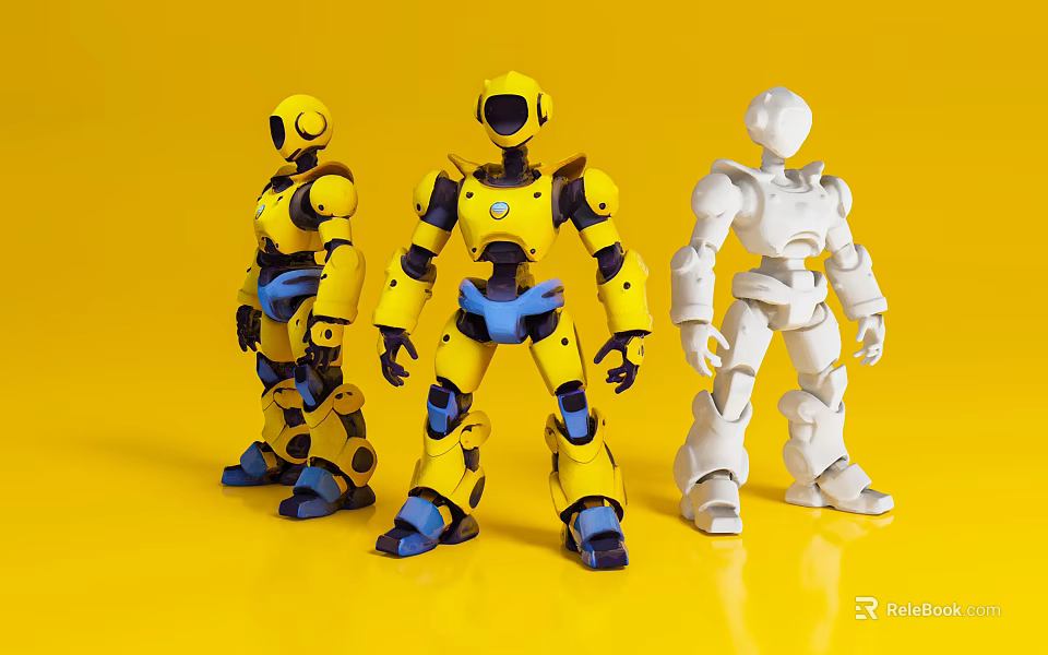 Game and Movie Robot Characters Featuring Three Standing Yellow and White Figures on Yellow Background 3d model 