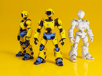 Game and Movie Robot Characters Featuring Three Standing Yellow and White Figures on Yellow Background 3d model