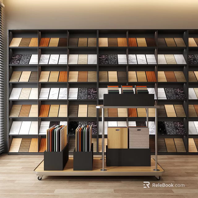 Various Material Samples Displayed On Wall Shelves With Diverse Colors And Textures For Interior Design 3d model