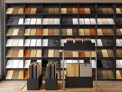 Various Material Samples Displayed On Wall Shelves With Diverse Colors And Textures For Interior Design 3d model
