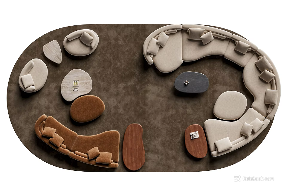 Modern Curved Sofa Coffee Table Set With Brown Beige Sofas And Wooden Tables On Rug 3d model 