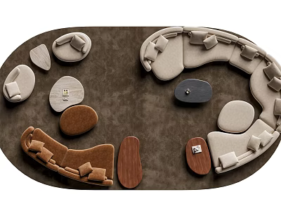 Modern Curved Sofa Coffee Table Set With Brown Beige Sofas And Wooden Tables On Rug 3d model