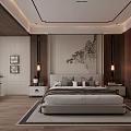 Chinese Style Bedroom Interior With White Bed Wooden Nightstands Landscape Painting And Area Rug