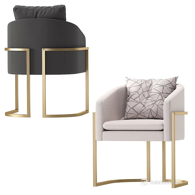 Modern Single Sofa with Black Light Gray Upholstery Gold Metal Legs and Geometric Pattern Cushion 3d model 