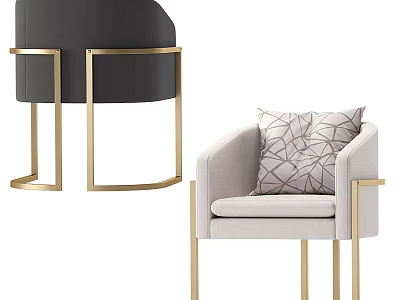 Modern Single Sofa with Black Light Gray Upholstery Gold Metal Legs and Geometric Pattern Cushion 3d model