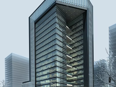 Modern High Rise Office Building With Glass Curtain Walls Sleek Lines And Urban Skyline 3d model
