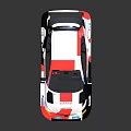 Sporty Red White Black Racing Car With Rear Spoiler Sponsor Logos And Aerodynamic Design