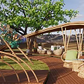 Park Landscape With Green Trees Pink Flowers Wooden Bridge Steps And Grassy Lawn