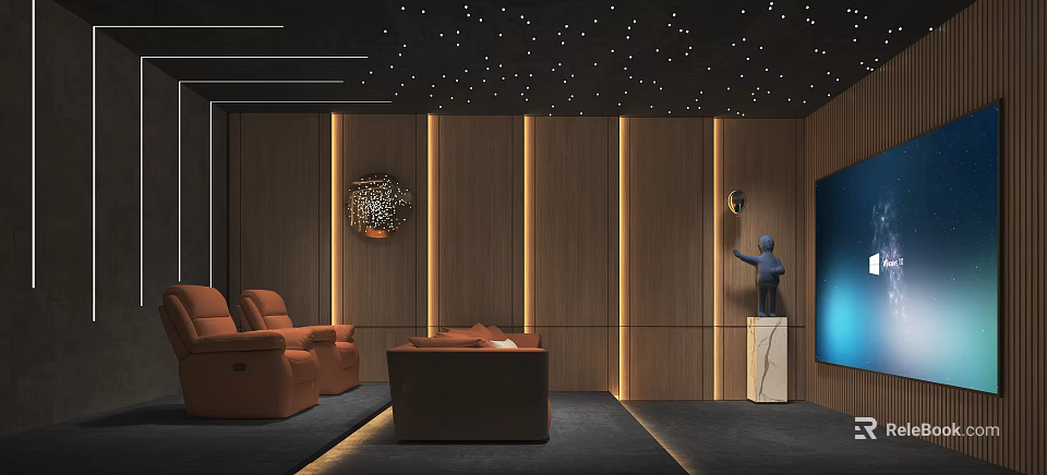 Luxurious Home Theater With Brown Seating Wooden Walls And Starry Ceiling 3d model 
