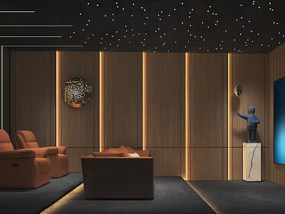 Luxurious Home Theater With Brown Seating Wooden Walls And Starry Ceiling 3d model