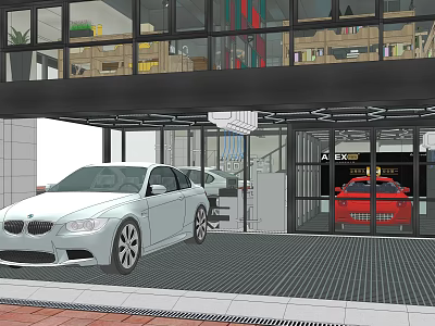 Car Dealership Exterior With White And Red Cars At Entrance Glass Facade 3d model