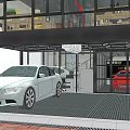 Car Dealership Exterior With White And Red Cars At Entrance Glass Facade