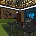 KTV Lounge Interior With Green Sofas Decorative Ceiling And Guitar Decor 3d model
