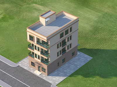 Detached Villa Three Story Building With Balconies Green Lawn And Roadside Exterior Design 3d model