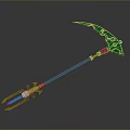 Green Fantasy Scythe Weapon With Golden Accents Black Handle And Glowing Translucent Blades