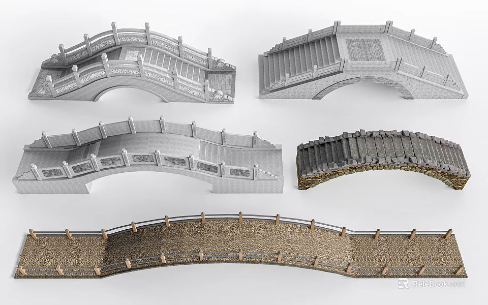 Various Landscape Bridge Designs Featuring Stone Railings And Arch Structures 3d model 