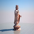 Standing Copper Buddha Sculpture With Lotus Base And Blue Sky Background