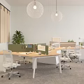 Modern Office Desk Setup With Spacious Workspace Office Chairs Dividers Potted Plant And Pendant Lights