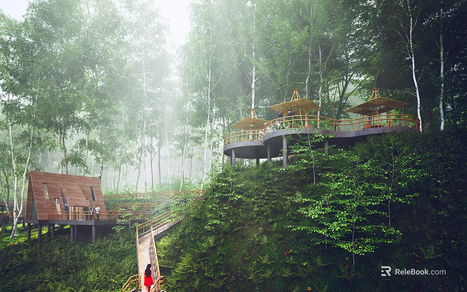 Scenic Wooden House on Hillside in Forest with Viewing Deck Lush Trees and Misty Pathway 3d model 