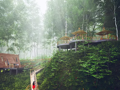 Scenic Wooden House on Hillside in Forest with Viewing Deck Lush Trees and Misty Pathway 3d model
