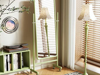 Green Full Length Mirror on Wheels with Floor Lamp White Lampshade Bookshelf Blinds and Curtains 3d model