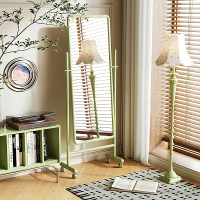 Green Full Length Mirror on Wheels with Floor Lamp White Lampshade Bookshelf Blinds and Curtains 3d model