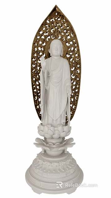 White Sculpture Carving With Lotus Base And Golden Intricate Cut Out Background 3d model 