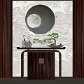 Elegant Wooden Console Table With Round Mirror Bonsai And Decorative Lanterns 3d model