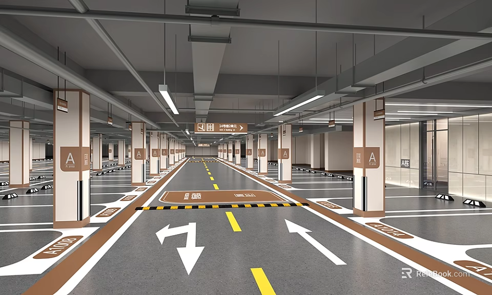 Basement Parking Space Featuring Driveway Signs Columns Speed Limit 10 And Arrow Markings 3d model 
