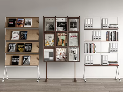 Modern Bookcases With Wooden And Metal Frames Stacked Books Magazines Decorative Items 3d model