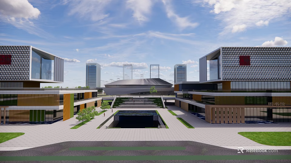 Modern Museum Architecture With Open Courtyard Greenery And Urban Skyline 3d model 