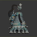 Turquoise And Silver Mechanical Robot Character With Coiled Pipes Antenna Circular Base And Multiple Legs