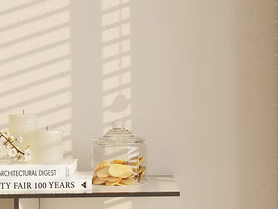 Decorative Ornament Set With White Candles Glass Jar Cookies On Shelf And Sunlight Shadows 3d model