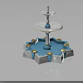 Two Tiered Fountain With Polygonal Base Circular Trays Blue White Columns And Golden Accents