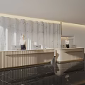 Modern Office Reception Desk With Wooden Counter And Marble Background Wall Design