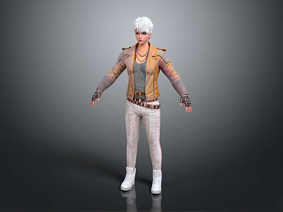 Man With Silver Hair Wearing Brown Jacket Gray Top Light Pants And White Boots Standing 3d model