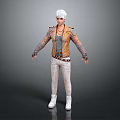 Man With Silver Hair Wearing Brown Jacket Gray Top Light Pants And White Boots Standing