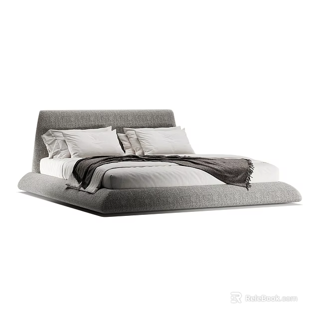Modern Upholstered Double Bed With White Pillows And Gray Throw Blanket 3d model