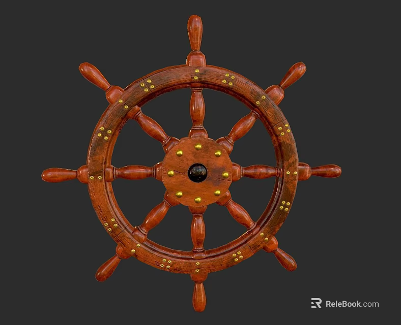 Vintage Wooden Ship Wheel With Decorative Spokes And Brass Nails For Home Decor 3d model 