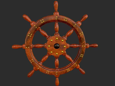 Vintage Wooden Ship Wheel With Decorative Spokes And Brass Nails For Home Decor 3d model