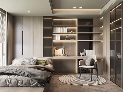 Tatami Bedroom Interior Design With Platform Bed Built in Shelves Desk And Soft Lighting 3d model