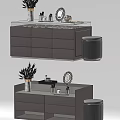 Modern Grey Drawer Cabinet With Marble Top Decorative Items And Round Stool 3d model