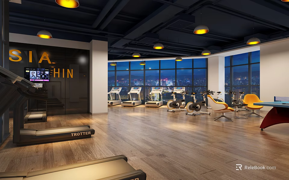 Modern Fitness Gym With Spacious Workout Area Various Exercise Equipment And Bright Lighting 3d model 