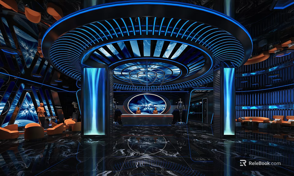 Modern Luxury KTV Interior With Blue Lighting Round Ceiling Marble Floor And Bar Counter 3d model 