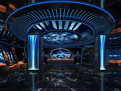 Modern Luxury KTV Interior With Blue Lighting Round Ceiling Marble Floor And Bar Counter 3d model