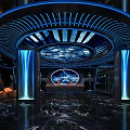 Modern Luxury KTV Interior With Blue Lighting Round Ceiling Marble Floor And Bar Counter