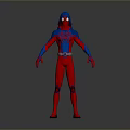 3D Superhero Character Model In Red Blue Spider Suit With Web Pattern Standing Pose