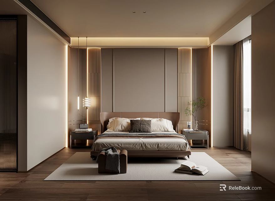 Modern Bedroom Interior With Bed Pillows Nightstands Lighting And Wooden Flooring 3d model 